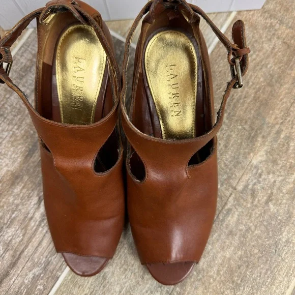 Ralph Lauren Hannie Brown T Strap‎ Peep Toe Wedge Sandals Leather Sz 8.5 - Picture 6 of 16